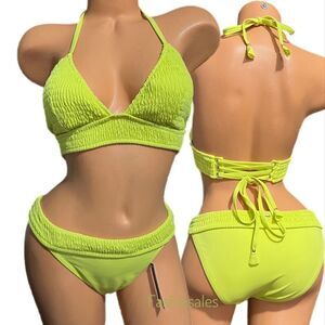 Victorias Secret Swim Scrunch Lace-up triangle Bikini top & Bottoms Set Limeade